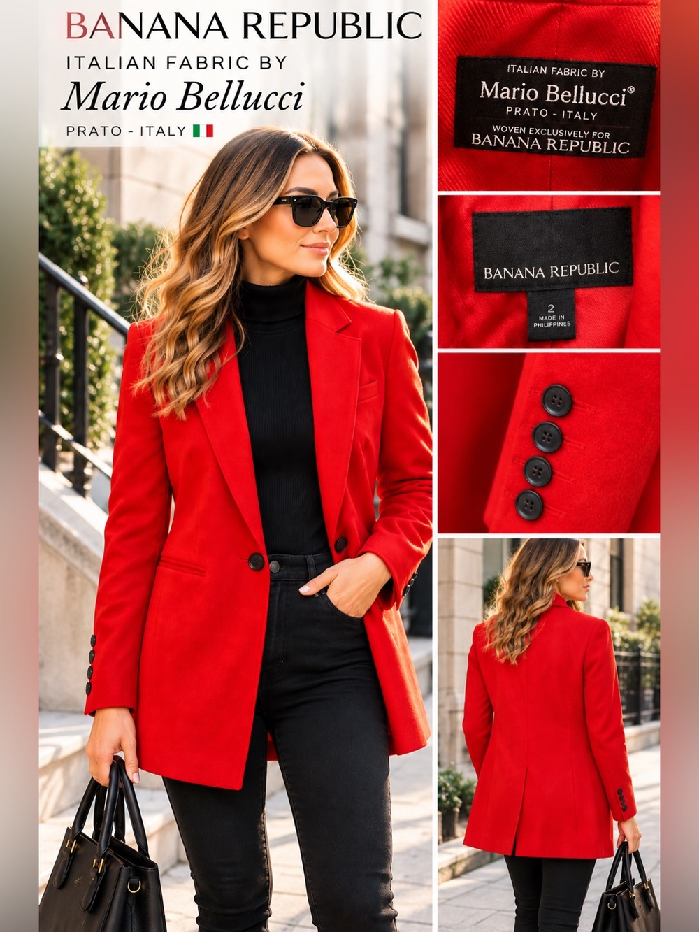 Banana Republic Red Italian Wool Blazer Size 2 Mario Bellucci